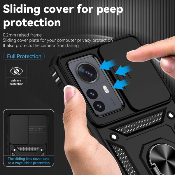 SKALO Xiaomi 12 Pro Armor Hybrid Metal Ring Camera Slider - Sort Black