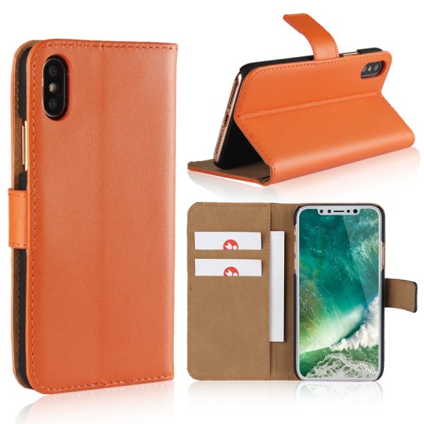 SKALO iPhone XS Max Flip Cover m. Pung i Ægte Læder - Vælg farve Orange