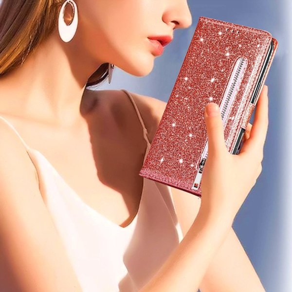 SKALO Samsung S25 Ultra Glitter Dragkedja Plånboksfodral - Roséguld Rosa guld