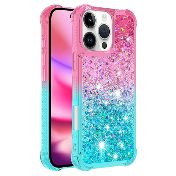 SKALO iPhone 16 Pro Juoksuhiekka Glitter Sydämet TPU kuori - Pinkki-Turkoosi Multicolor