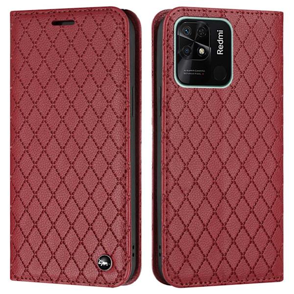 SKALO Xiaomi Redmi 10C Rhombus Litchi Flip Cover - Rød Red