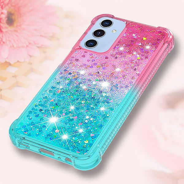 SKALO Samsung A15 5G Kvicksand Glitter Hjerter TPU Cover - Pink-Turkis Multicolor