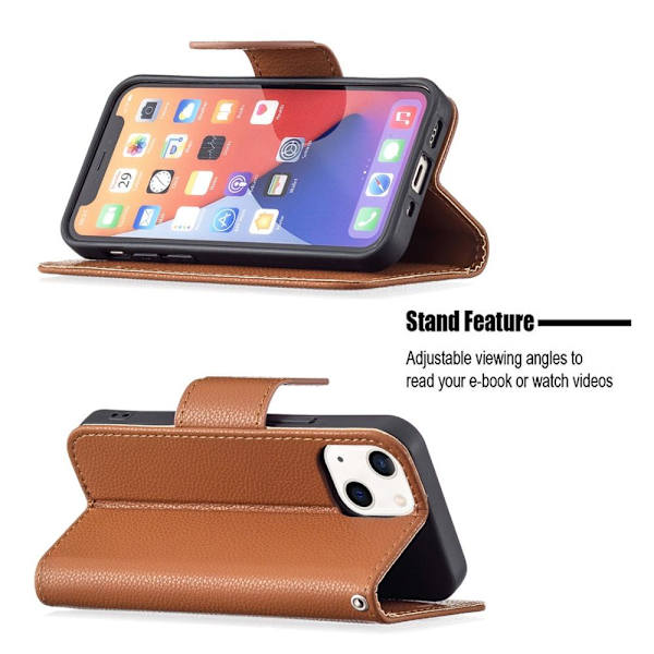 SKALO iPhone 13 Mini Premium Litchi Plånbok - Brun Brown