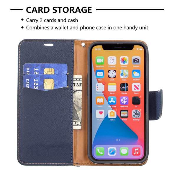 SKALO iPhone 13 Pro Premium Litchi Plånbok - Mörkblå Mörkblå