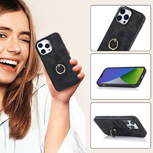 SKALO iPhone 14 Pro Max PU-læder kortholder Ring - Sort Black