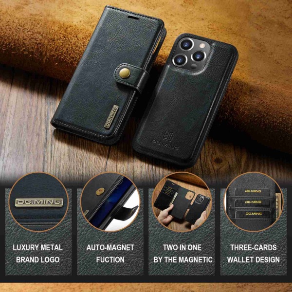 DG MING iPhone 14 Pro Max 2-in-1 magneetti lompakkokotelo - Must Black