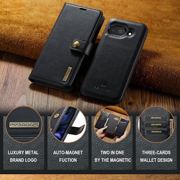 DG MING Google Pixel 9a 2-in-1 Magneetti Lompakkokotelo - Musta Black