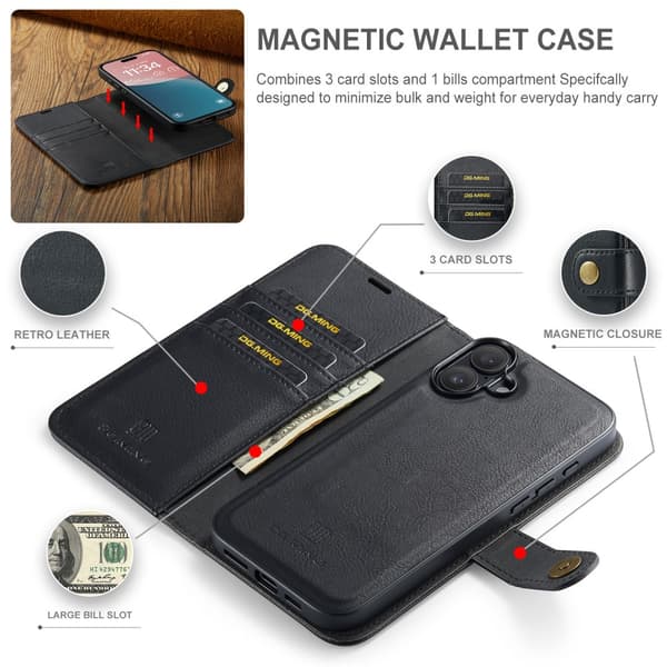 DG MING iPhone 16 2-i-1 Magnet Pungetui - Sort Black