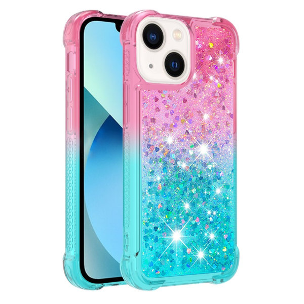 SKALO iPhone 15 Plus Kvicksand Glitter Hjärtan TPU-skal - Rosa-Turkos multifärg