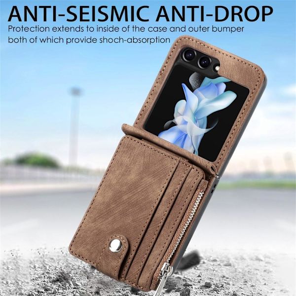 SKALO Samsung Z Flip5 PU-læder Cover med Pung - Brun Brown