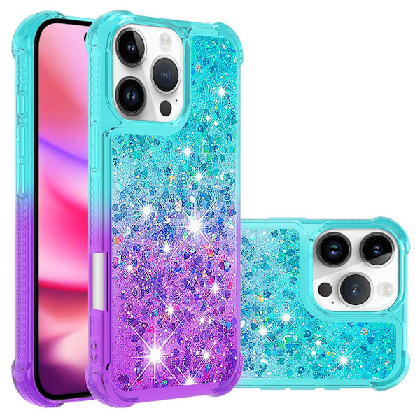 SKALO iPhone 16 Pro Max Kvicksand Glitter Hjerter TPU Cover - Turkis-Lilla Multicolor