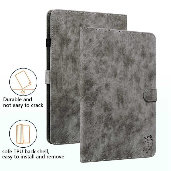 SKALO Amazon Fire HD 10/10 Plus (2021) Cute Tiger PU-Läder Fodral - Grå grå
