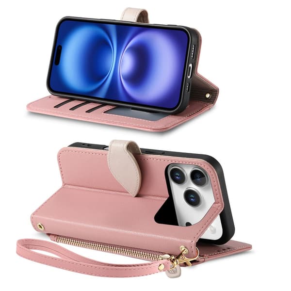 SKALO PU-Läder Lövdesign Plånboksfodral för iPhone 18 Pro Max - Roséguld Rosa guld
