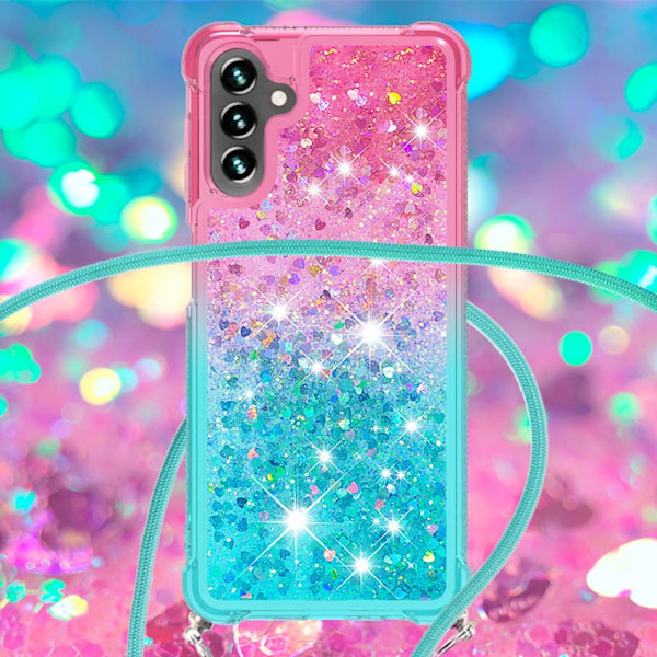 SKALO Samsung A34 5G Juoksuhiekka Glitter Mobile kaulapanta - Pinkki-Turkoosi Multicolor