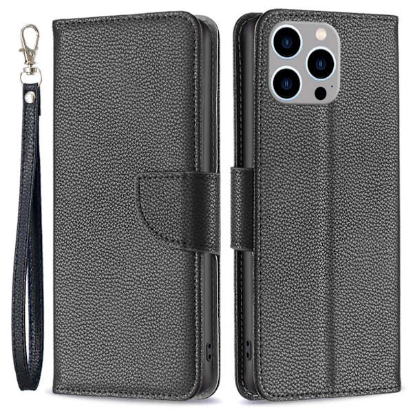 SKALO iPhone 15 Pro Max Litchi Flip Cover - Sort Black