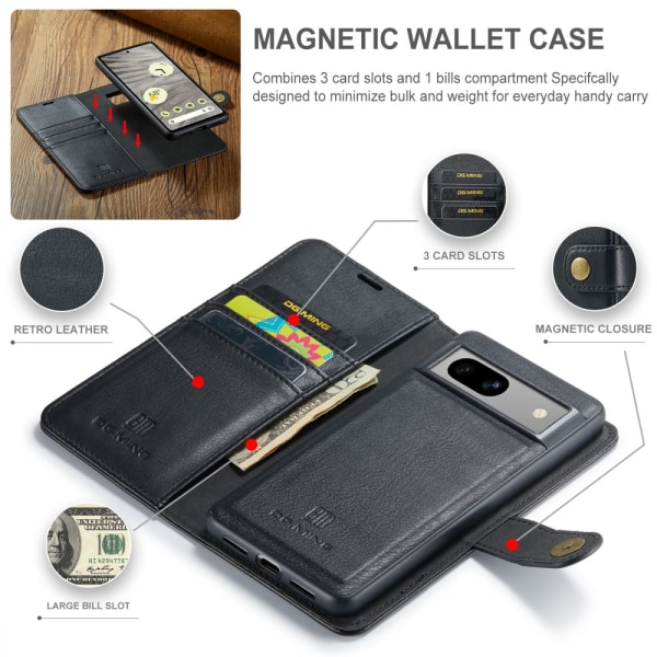 DG MING Google Pixel 7a 2-i-1 Magnet Plånboksfodral - Svart Svart