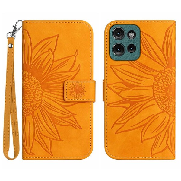 SKALO Motorola Edge 50 Neo 5G Kohokuvioitu Flower PU Nahka Lompakkokotelo - Keltainen Yellow