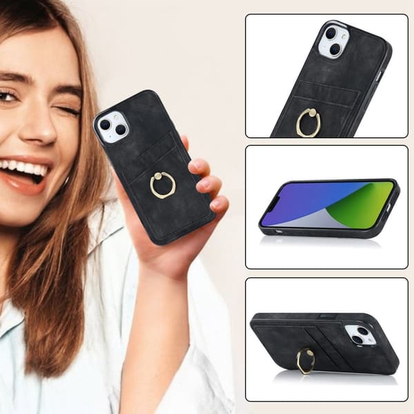 SKALO iPhone 14 Plus PU-læder kortholder Ring - Sort Black