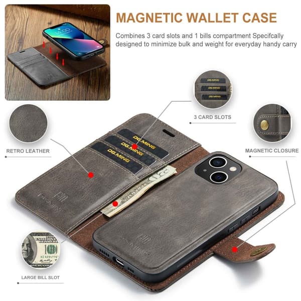DG MING iPhone 14 2-in-1 magneetti lompakkokotelo - Harmaa Grey