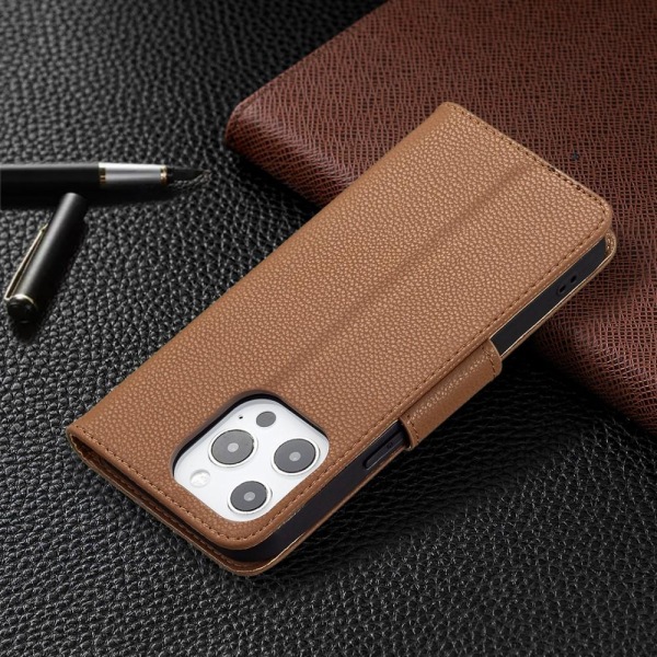 SKALO iPhone 13 Pro Premium Litchi Plånbok - Brun Brown