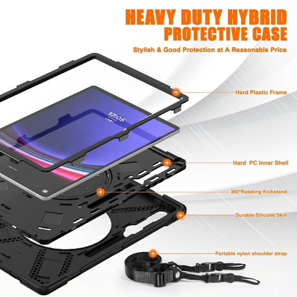 SKALO Samsung Tab S10 Ultra Extra Shock Resistant Armor Handle Kuori Olkahihnalla - Musta Black