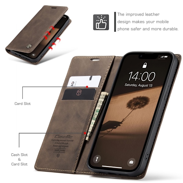 CaseMe iPhone 16e 013 Series PU-Läder Plånboksfodral - Mörkbrun Mörkbrun