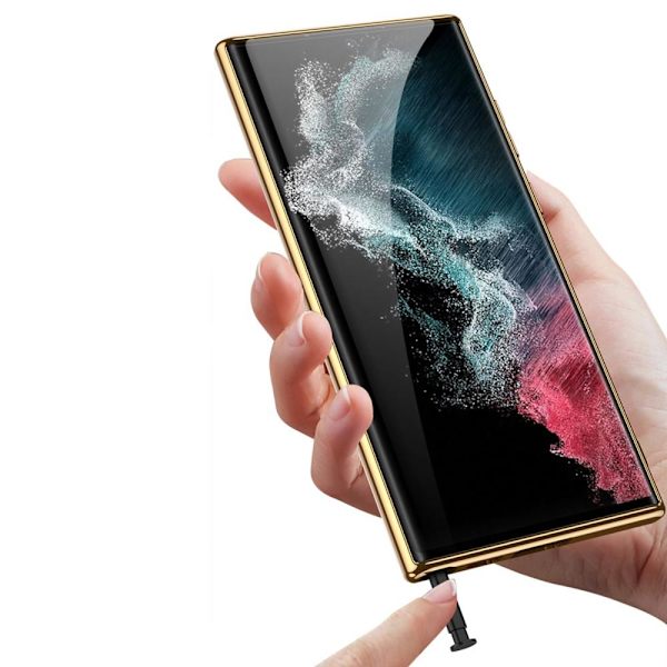 SKALO Samsung S23 Ultra PU-nahkainen Gold Edge Suojakuori - Pinkki Pink