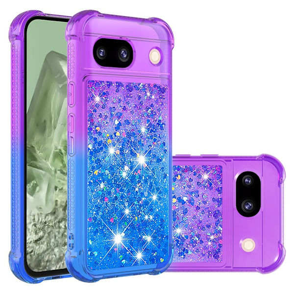 SKALO Google Pixel 8a Kvicksand Glitter Hjerter TPU Cover - Lilla-Blå Multicolor