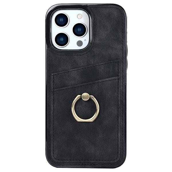 SKALO iPhone 14 Pro PU-Läder Korthållare Ring - Svart Svart