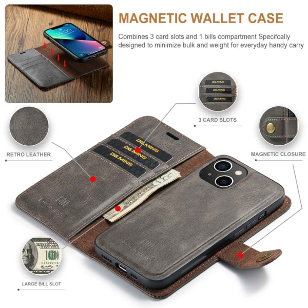 DG MING iPhone 15 2-i-1 Magnet Plånboksfodral - Grå grå