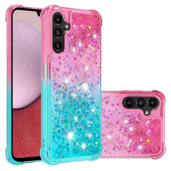 SKALO Samsung A14 5G Juoksuhiekka Glitter Sydämet TPU kuori - Pinkki-Turkoosi Multicolor