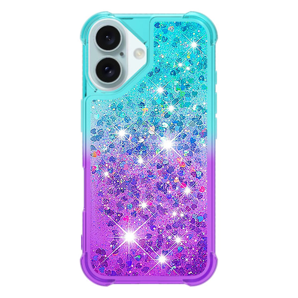 SKALO iPhone 16 Kvicksand Glitter Hjerter TPU Cover - Turkis-Lilla Multicolor