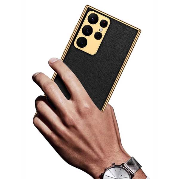 SKALO Samsung S23 Ultra PU-nahkainen Gold Edge Suojakuori - Pinkki Pink