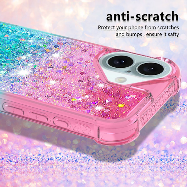 SKALO iPhone 16 Kvicksand Glitter Hjerter TPU Cover - Pink-Turkis Multicolor