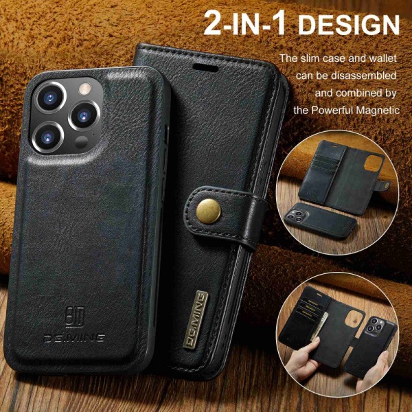 DG MING iPhone 14 Pro Max 2-in-1 magneetti lompakkokotelo - Musta Black