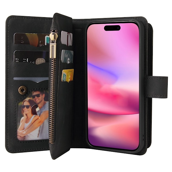 SKALO iPhone 16 Big Wallet 17-RUM Pungetui - Sort Black