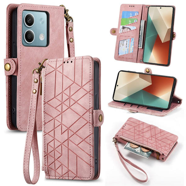 SKALO Xiaomi Redmi Note 13 5G Embossed Plånboksfodral i PU-Läder med Dragkedja - Rosa Rosa