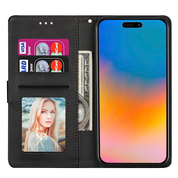 SKALO iPhone 15 Plus Flip Cover m. pung i PU-læder med lynlås - Sort Black