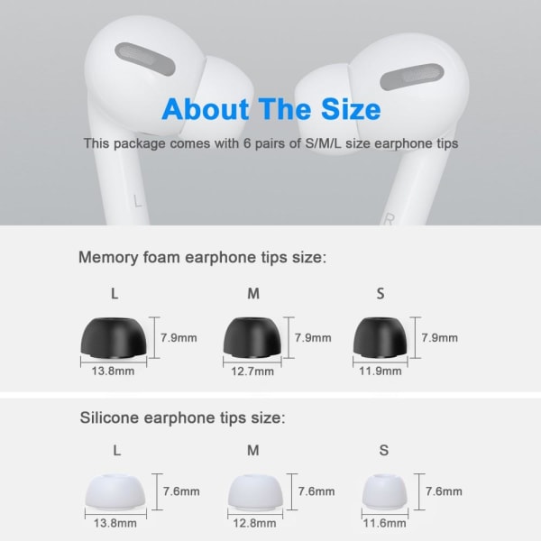 SKALO AirPods Pro 1/2 Öronkuddar Memory Foam och Silikon 6 Par multifärg