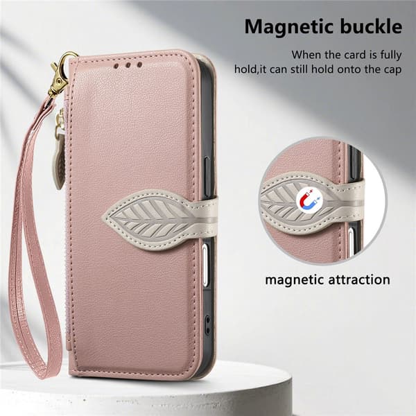 SKALO PU-Läder Lövdesign Plånboksfodral för iPhone 18 Pro - Roséguld Rosa guld