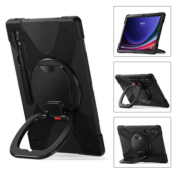 SKALO Samsung Tab S9 Ultra Extra Shockproof Armor 360 Kahva/Tripod Suojakuori - Musta Black