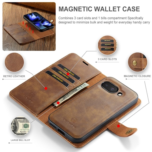 DG MING Google Pixel 9a 2-in-1 Magneetti Lompakkokotelo - Ruskea Brown