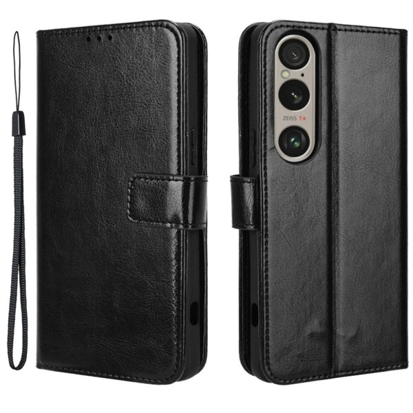 SKALO Sony Xperia 1 VI Crazy Horse lompakko PU nahka - Musta Black