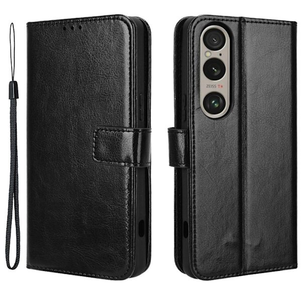 SKALO Sony Xperia 1 VI Crazy Horse Plånbok PU Läder - Svart Svart
