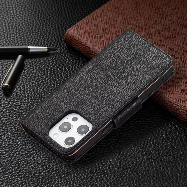 SKALO iPhone 13 Pro Premium Litchi Wallet - musta Black