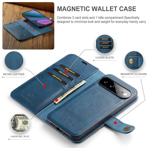 DG MING 2-i-1 Magnet Plånboksfodral för Google Pixel 11 Pro XL - Blå Blå