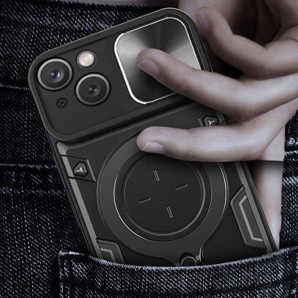 SKALO iPhone 15 Plus Armor Hybrid Metal Ring Camera Slider - Sort Black