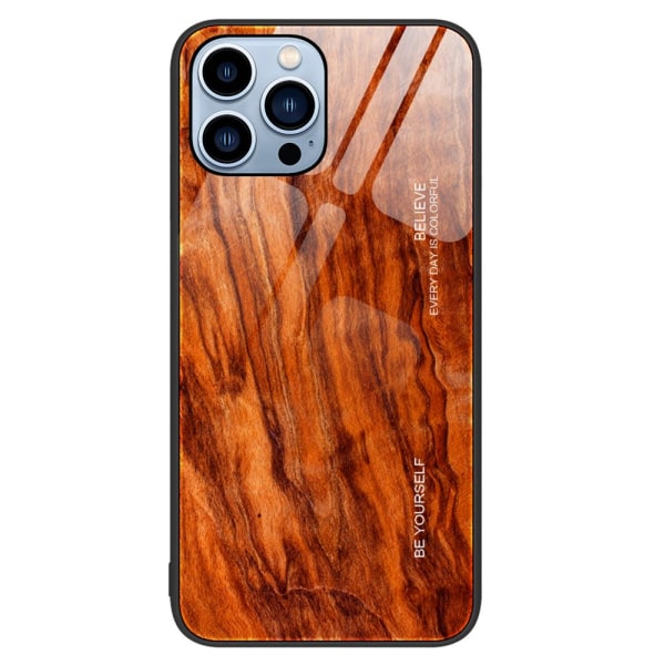 SKALO iPhone 15 Pro Max Wood Härdat Glas TPU-skal - Ljusbrun Ljusbrun
