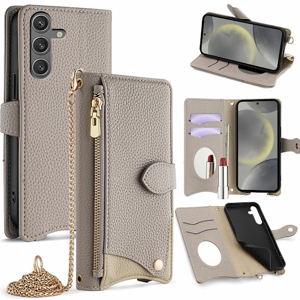SKALO Samsung S25 Litchi Makeup Mirror Chain Flip Cover - Grå Grey