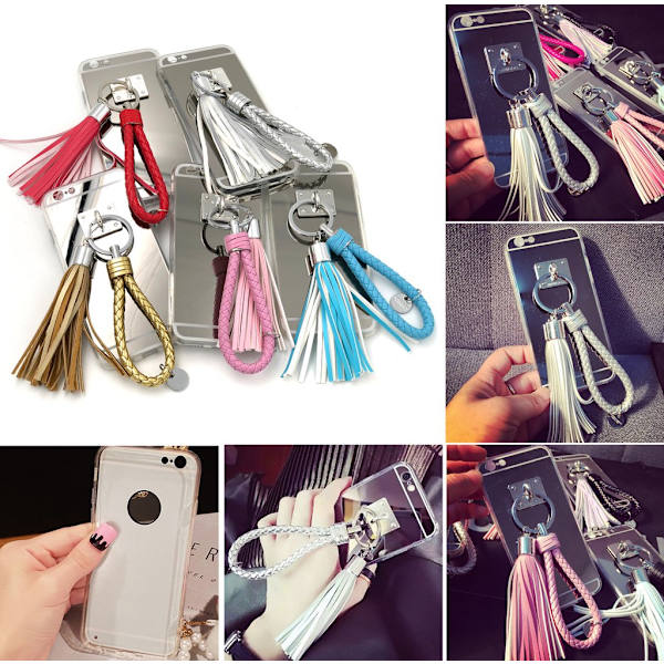 Bling Spegelskal med tofs & band iPhone 6/6S Pink